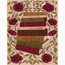 Load image into Gallery viewer, Charming book lover print from the ‘Between Pages & Petals’ collection—vintage-style illustration of a floral TBR (To Be Read) book stack.
