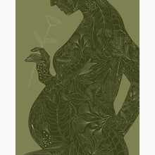Load image into Gallery viewer, Vintage-inspired pregnancy silhouette art print with botanical accents—perfect for announcing a new baby in an artful, gentle way