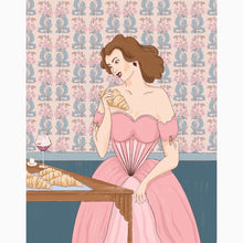 Load image into Gallery viewer, Parisian-style art print of a woman enjoying a croissant—soft, vintage tones and feminine indulgence with cozy café vibes.