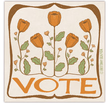Load image into Gallery viewer, Political vinyl sticker for the 2024 election featuring bold ‘Vote’ typography with a vintage poppy flower motif—feminist and floral flair.