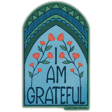 Load image into Gallery viewer, Art Deco-inspired vinyl matte sticker with the affirmation 'I Am Grateful' in elegant typography.