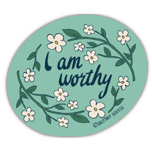 Load image into Gallery viewer, Vintage-inspired vinyl matte sticker with the empowering phrase ‘I Am Worthy’ in an ornate Art Deco design.