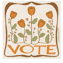 Load image into Gallery viewer, Political vinyl sticker for the 2024 election featuring bold ‘Vote’ typography with a vintage poppy flower motif—feminist and floral flair.