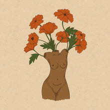 Load image into Gallery viewer, Empowering floral art print featuring a feminine body-shaped vase with poppies—symbolizing self love, body positivity, and botanical beauty.