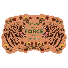 Load image into Gallery viewer, Bold vinyl matte sticker of a tiger symbolizing women's empowerment in a feminist vintage art style.