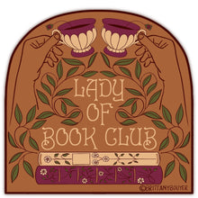 Load image into Gallery viewer, Vintage-style vinyl matte sticker depicting a lady enjoying tea time, perfect for book club enthusiasts.