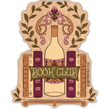 Load image into Gallery viewer, Playful vinyl matte sticker combining book club themes with a glass of wine in a vintage design.