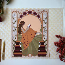 Load image into Gallery viewer, Warm-toned art print of a woman reading in a vintage dress, surrounded by florals—ideal for literary spaces and feminine home libraries.