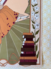 Load image into Gallery viewer, Warm-toned art print of a woman reading in a vintage dress, surrounded by florals—ideal for literary spaces and feminine home libraries.
