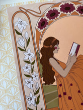 Load image into Gallery viewer, Warm-toned art print of a woman reading in a vintage dress, surrounded by florals—ideal for literary spaces and feminine home libraries.