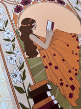 Load image into Gallery viewer, Warm-toned art print of a woman reading in a vintage dress, surrounded by florals—ideal for literary spaces and feminine home libraries.