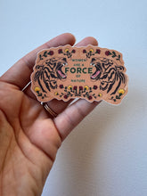 Load image into Gallery viewer, Bold vinyl matte sticker of a tiger symbolizing women's empowerment in a feminist vintage art style.