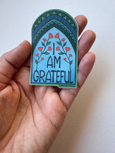 Load image into Gallery viewer, Art Deco-inspired vinyl matte sticker with the affirmation 'I Am Grateful' in elegant typography.