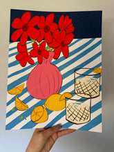 Load image into Gallery viewer, Bold vintage-inspired still life art print featuring lemon cocktails, florals, and a striped table—perfect for summer kitchen or retro bar decor.