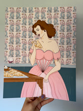 Load image into Gallery viewer, Parisian-style art print of a woman enjoying a croissant—soft, vintage tones and feminine indulgence with cozy café vibes.