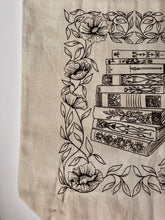 Load image into Gallery viewer, Vintage Stack of Books Design With Poppies Screen Print Canvas Tote Bag