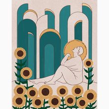 Load image into Gallery viewer, Art Deco–inspired illustration of a woman with sunflowers—celebrating bold femininity, floral symbolism, and vintage elegance.
