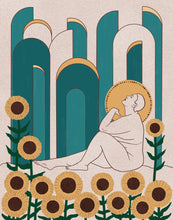 Load image into Gallery viewer, Art Deco–inspired illustration of a woman with sunflowers—celebrating bold femininity, floral symbolism, and vintage elegance.