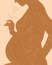 Load image into Gallery viewer, Vintage-inspired pregnancy silhouette art print with botanical accents—perfect for announcing a new baby in an artful, gentle way