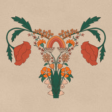 Load image into Gallery viewer, Floral uterus illustration in Art Nouveau style – symbolic female anatomy art print with poppies and wildflowers on vintage paper background for infertility and IVF