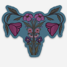 Load image into Gallery viewer, Teal floral uterus sticker in detailed giclée style—blending body anatomy with blooming wildflowers in a feminist botanical illustration.