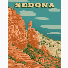 Load image into Gallery viewer, Retro travel-style art print of Sedona’s iconic red rock landscape—vintage tones and typography perfect for wanderlust and home decor.