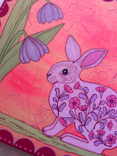 Load image into Gallery viewer, Pink Folk Floral Bunny Rabbit with Gingko Linen Fabric Original Mixed Media Painting