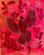 Load image into Gallery viewer, Flying Cardinal Bird with Art Nouveau Flowers Original Mixed Media Painting