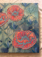 Load image into Gallery viewer, Embroidered Poppies on Art Deco Canvas Original Mixed Media Painting