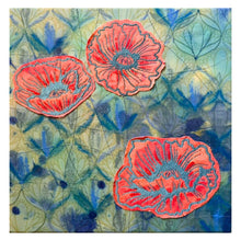 Load image into Gallery viewer, Embroidered Poppies on Art Deco Canvas Original Mixed Media Painting