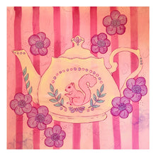 Load image into Gallery viewer, Vibrant Pink Teapot with Squirrel Afternoon Tea Original Mixed Media Painting