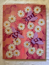 Load image into Gallery viewer, Flying Bees on Honeycomb Pattern with Daisy Flowers Original Mixed Media Painting