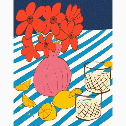 Colorful still life art print with red flowers in pink vase, lemons, and cocktail glasses on blue striped table – vintage-inspired kitchen wall decor.