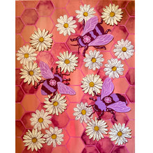 Load image into Gallery viewer, Flying Bees on Honeycomb Pattern with Daisy Flowers Original Mixed Media Painting