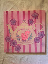 Load image into Gallery viewer, Vibrant Pink Teapot with Squirrel Afternoon Tea Original Mixed Media Painting