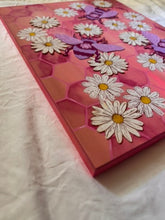 Load image into Gallery viewer, Flying Bees on Honeycomb Pattern with Daisy Flowers Original Mixed Media Painting