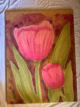 Load image into Gallery viewer, Quilted Sewn Style Pink Tulip Flowers Original Mixed Media Painting