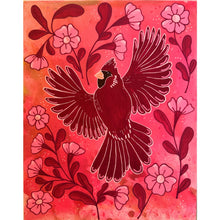 Load image into Gallery viewer, Flying Cardinal Bird with Art Nouveau Flowers Original Mixed Media Painting
