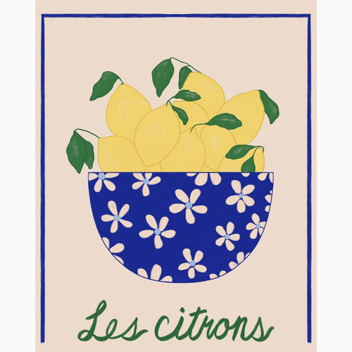 French market–inspired giclée art print of vintage lemons in a decorative bowl—ideal for cottage kitchens and gallery walls with a European flair.