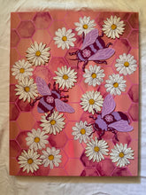 Load image into Gallery viewer, Flying Bees on Honeycomb Pattern with Daisy Flowers Original Mixed Media Painting