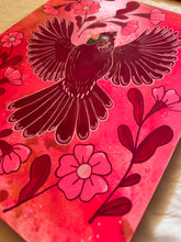 Load image into Gallery viewer, Flying Cardinal Bird with Art Nouveau Flowers Original Mixed Media Painting
