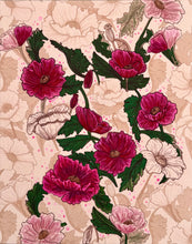 Load image into Gallery viewer, Pink Poppy Flowers on Soft Linen Fabric Original Mixed Media Painting