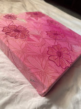 Load image into Gallery viewer, Embroidered Art Deco Pink Flowers on Linen Canvas Original Mixed Media Painting