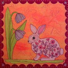 Load image into Gallery viewer, Decorative illustration of a rabbit with floral patterns and flowers on an orange background.
