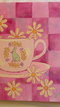 Load image into Gallery viewer, Vibrant Pink Tea Cup with Bunny Afternoon Tea Original Mixed Media Painting