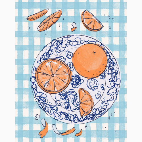 Vintage citrus still life art print of oranges on blue gingham—nostalgic kitchen wall art with warm summer tones and classic styling.
