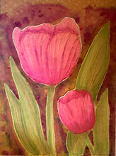 Load image into Gallery viewer, hand sewn Two pink tulips with green leaves on a textured brown background