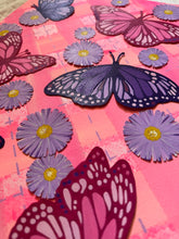 Load image into Gallery viewer, Flying Monarch Butterflies on Argyle Pattern with Aster Flowers Original Mixed Media Painting