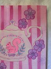 Load image into Gallery viewer, Vibrant Pink Teapot with Squirrel Afternoon Tea Original Mixed Media Painting