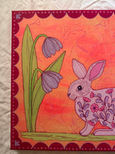 Load image into Gallery viewer, Pink Folk Floral Bunny Rabbit with Gingko Linen Fabric Original Mixed Media Painting